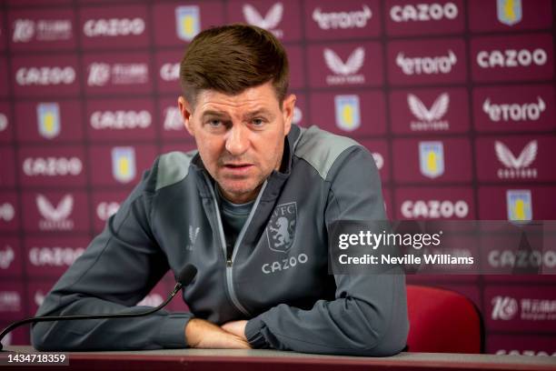 Steven Gerrard head coach of Aston Villa talks to the press during a press conference at Bodymoor Heath training ground on October 19, 2022 in...