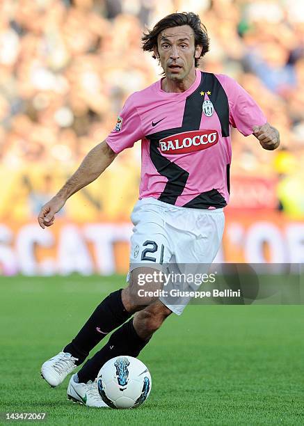 Andrea Pirlo of Juventus in action during the Serie A match between AC Cesena and Juventus FC at Dino Manuzzi Stadium on April 25, 2012 in Cesena,...