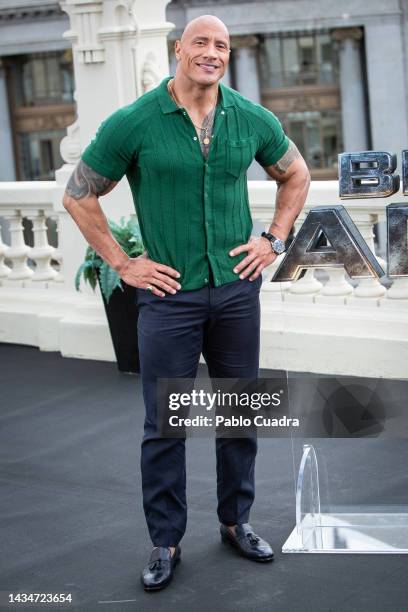 Actor Dwayne Johnson attends the "Black Adam" photocall at NH Collection Madrid Eurobuilding hotel on October 19, 2022 in Madrid, Spain.
