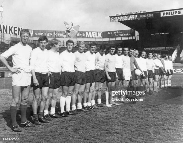 The England World Cup squad at a friendly against Denmark at the Parken Stadium, Copenhagen, 3rd July 1966. England won 2-0. Left to right: Jack...