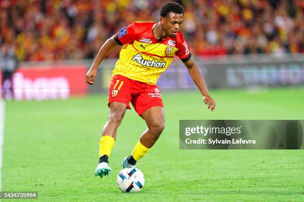 Lois Openda of RC Lens in action during the Ligue 1 Uber Eats match between Lens and Montpellier at Stade Felix Bollaert on October 15, 2022 in Lens,...