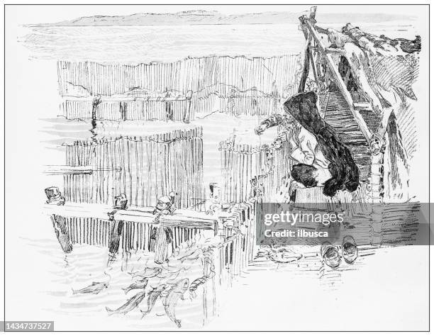antique image: tunisian fishing in bizerte - dam stock illustrations