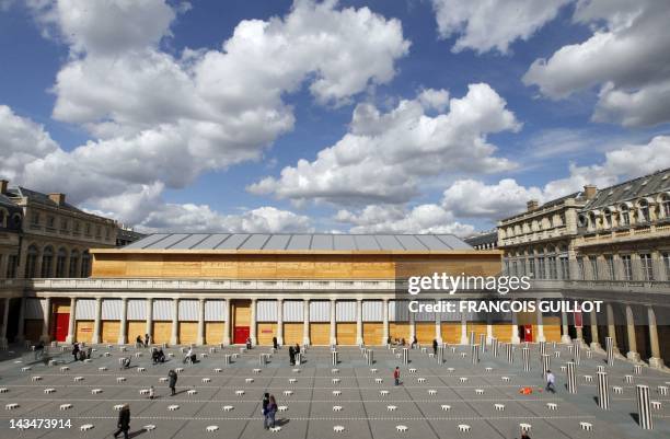 The Comedie Francaise theatre temporary hall, an epicea-made lego structure, is seen on April 20 in the Palais royal gardens in Paris. This temporary...