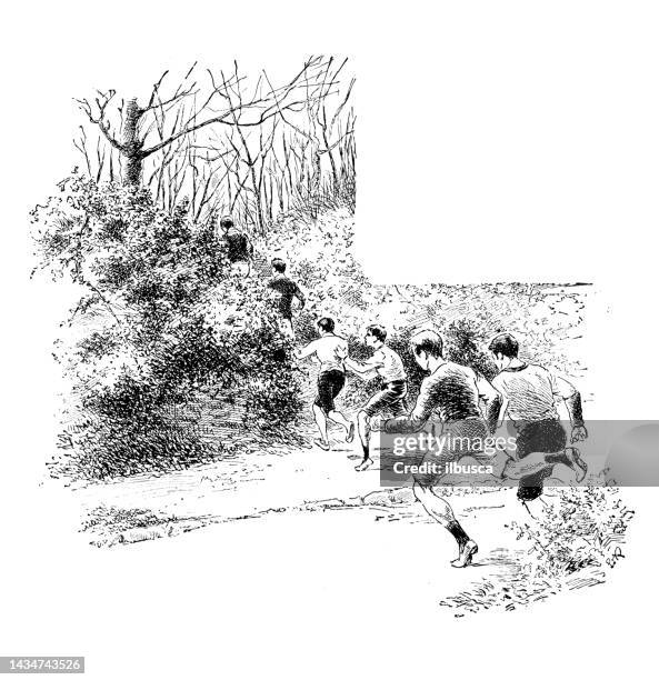 antique image: cross country running - kids running race drawing stock illustrations