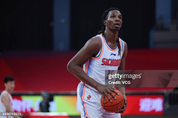 Hasheem Thabeet of Sichuan Blue Whales shoots the ball during 2022/2023 Chinese Basketball Association League match between Sichuan Blue Whales and...