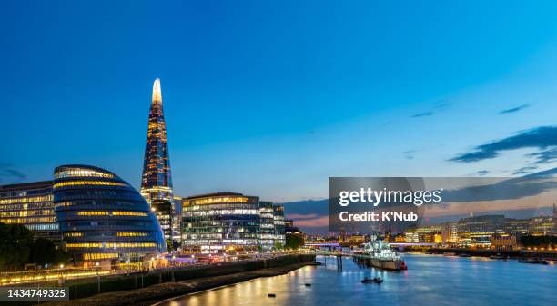 beautiful sunrise cityscape or landscapr view of the shard tower, tower bridge and skyscraper of london downtown along with thames river in center of london, great britain in england or united kingdom - k'nub stock pictures, royalty-free photos & images