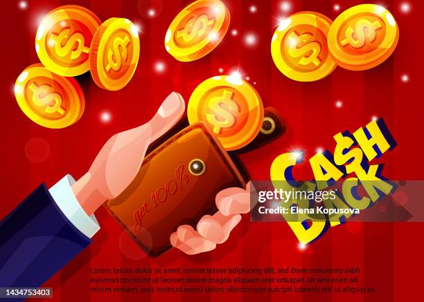 ilustraciones, imágenes clip art, dibujos animados e iconos de stock de concepto de devolución de dinero en estilo de dibujos animados. mano de hombre de negocios con billetera y monedas de dólar de oro sobre fondo de color abstracto con espacio para texto. - bolso rojo