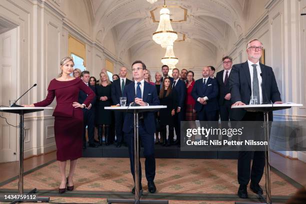 Ebba Busch, Minister of Energy and Industry, Prime Minister Ulf Kristersson and Johan Pehrson, Minister of Labor Market and Integration on October...