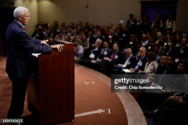 Former Vice President Mike Pence speaks during an event to promote his new book at the conservative Heritage Foundation think tank on October 19,...