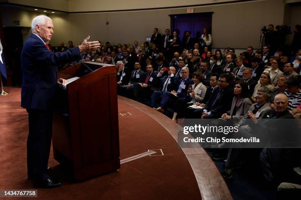 Former Vice President Mike Pence speaks during an event to promote his new book at the conservative Heritage Foundation think tank on October 19,...