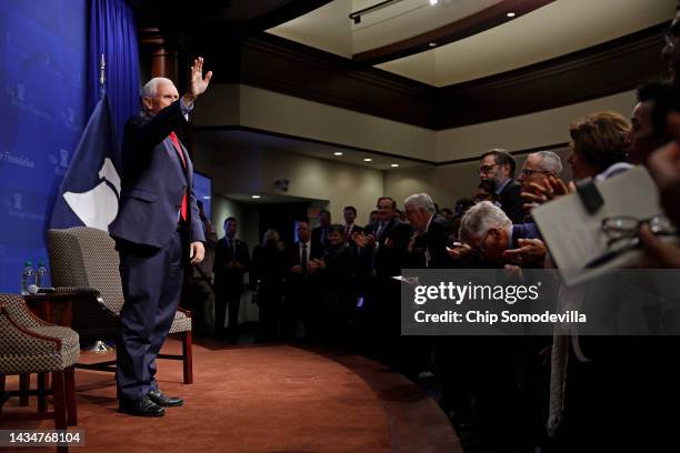 Former Vice President Mike Pence receives a standing ovation at the conclusion of an to promote his new book at the conservative the Heritage...