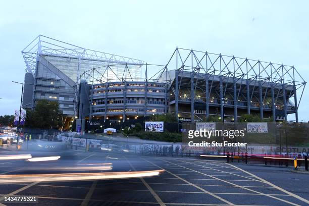 General view outside the stadium prior to the Premier League match between Newcastle United and Everton FC at St. James Park on October 19, 2022 in...