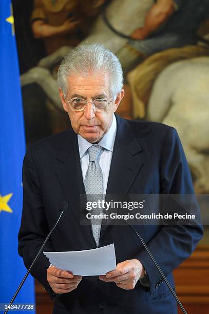 Italian Prime Minister Mario Monti attends a press conference with NATO Secretary General Anders Fogh Rasmussen at Palazzo Chigi on April 27, 2012 in...