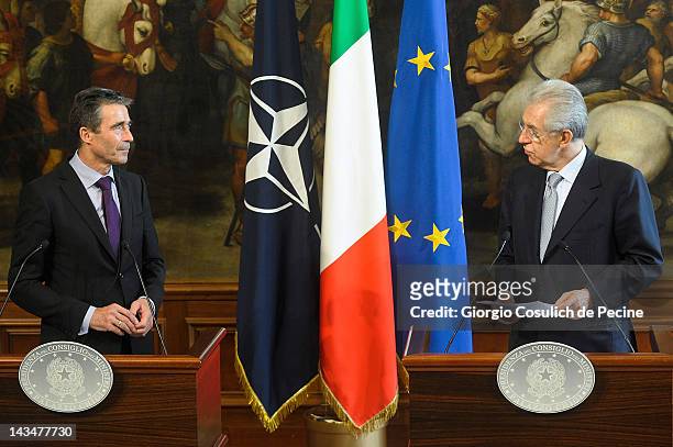 Italian Prime Minister Mario Monti and NATO Secretary General Anders Fogh Rasmussen attend a press conference at Palazzo Chigi on April 27, 2012 in...