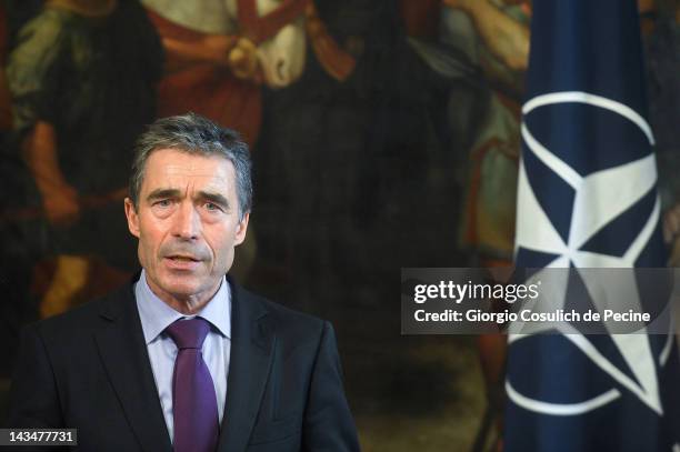 Secretary General Anders Fogh Rasmussen attends a press conference along with Italian Prime Minister Mario Monti at Palazzo Chigi on April 27, 2012...