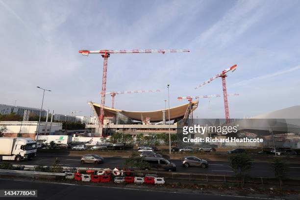 View of the Olympic Aquatics Stadium under construction which will host the Artistic Swimming, Diving and Water Polo ahead of the Paris 2024 Olympics...