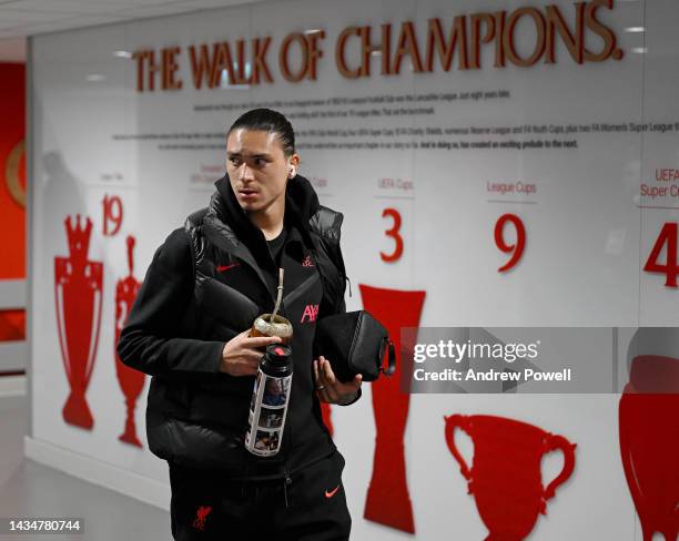 Darwin Nunez of Liverpool arriving before the Premier League match between Liverpool FC and West Ham United at Anfield on October 19, 2022 in...