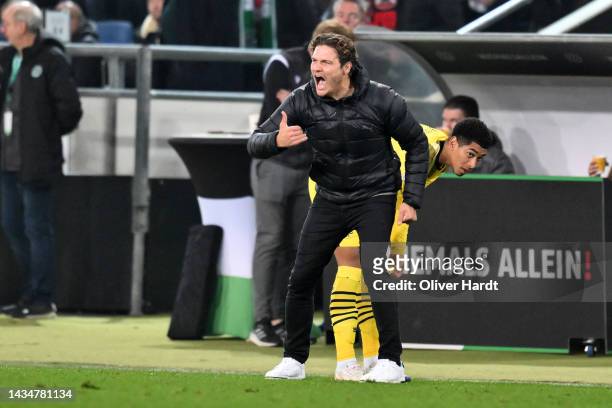 Edin Terzic, Head Coach of Borussia Dortmund gives their team instructions during the DFB Cup second round match between Hannover 96 and Borussia...
