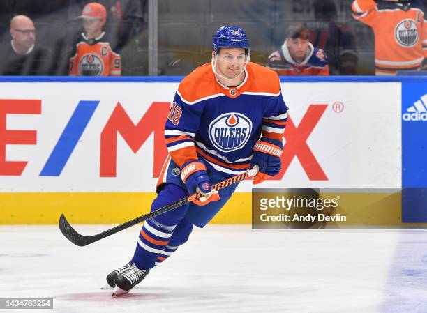 Zach Hyman of the Edmonton Oilers participates in the pre-game skate before the game against the Calgary Flames on October 15, 2022 at Rogers Place...