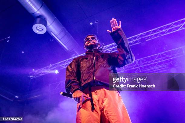 American rapper Adam Amine Daniel aka Amine performs live on stage during a concert at the Huxleys on September 28, 2022 in Berlin, Germany.
