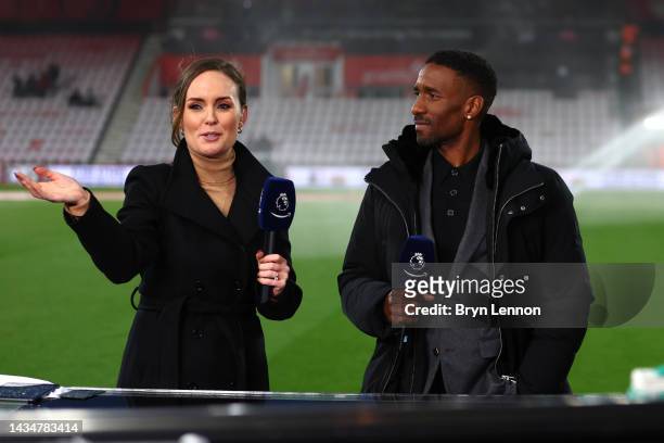 Presenter Kelly Somers talks with Jermain Defoe, former footballer, as they present on Amazon Prime prior to kick off of the Premier League match...