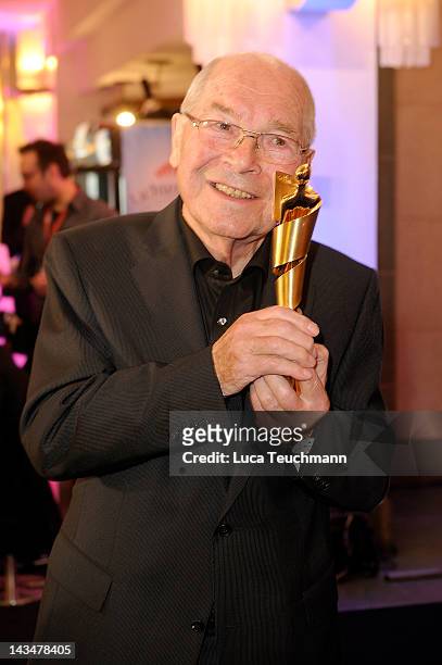 Otto Mellies poses with his award at the Lola - German Film Award 2012 - Winners Board at Friedrichstadt-Palast on April 27, 2012 in Berlin, Germany.
