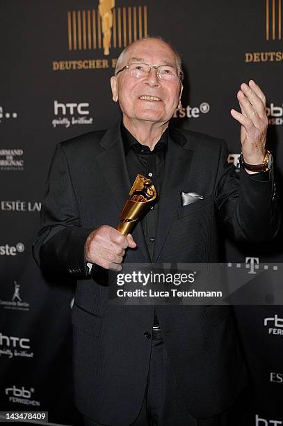 Otto Mellies poses with his award at the Lola - German Film Award 2012 - Winners Board at Friedrichstadt-Palast on April 27, 2012 in Berlin, Germany.