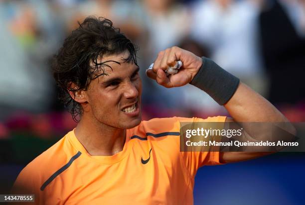 Rafael Nadal of Spain celebrates after defeating Janko Tipsarevic of Serbia during their match on day 5 of the ATP 500 World Tour Barcelona Open...