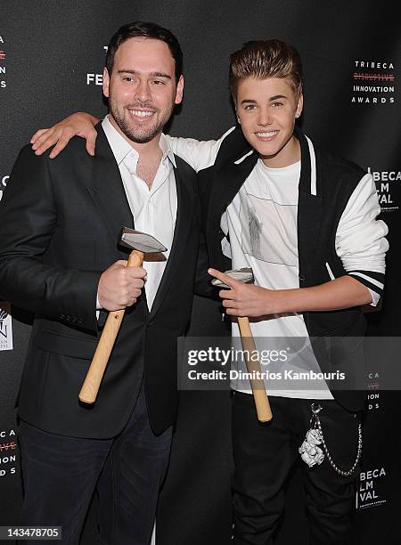 Scooter Braun and Justin Beiber attend the 3rd annual Tribeca Disruptive Innovation Awards during the 2012 Tribeca Film Festival at NYU Paulson...