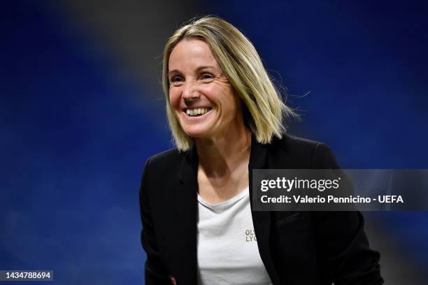 Sonia Bompastor, Head Coach of Olympique Lyonnais reacts prior to the UEFA Women's Champions League group C match between Olympique Lyon and Arsenal...