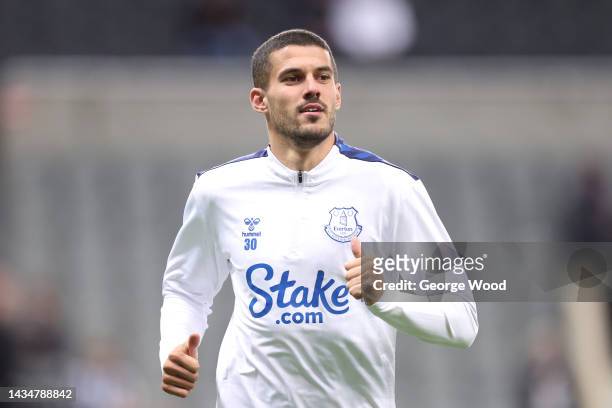 Conor Coady of Everton warms up prior to kick off of the Premier League match between Newcastle United and Everton FC at St. James Park on October...