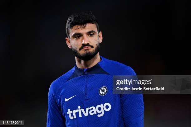 Armando Broja of Chelsea warms up prior to the Premier League match between Brentford FC and Chelsea FC at Brentford Community Stadium on October 19,...