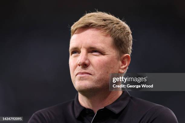 Eddie Howe, Manager of Newcastle United, looks on prior to kick off of the Premier League match between Newcastle United and Everton FC at St. James...