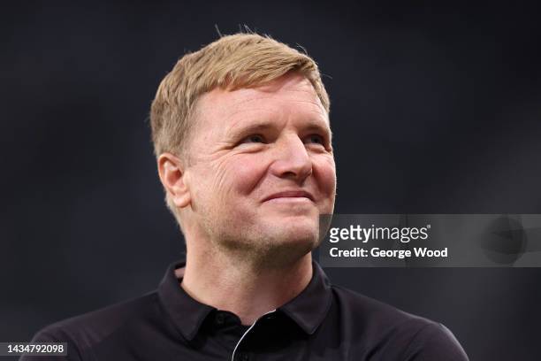 Eddie Howe, Manager of Newcastle United, looks on prior to kick off of the Premier League match between Newcastle United and Everton FC at St. James...