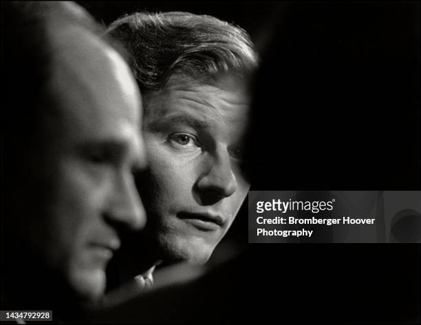 Close-up of American talk radio host John Carlson during an election night broadcast on the tv show 'Seattle Week in Review, at the Sheraton Hotel,...
