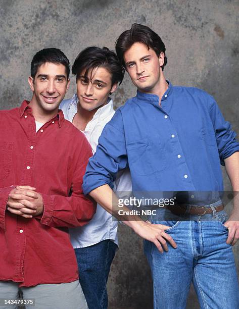 Portrait of actors, from left, David Schwimmer as 'Ross Geller', Matt LeBlanc as 'Joey Tribbiani', Matthew Perry as 'Chandler Bing', June 15th 1994.