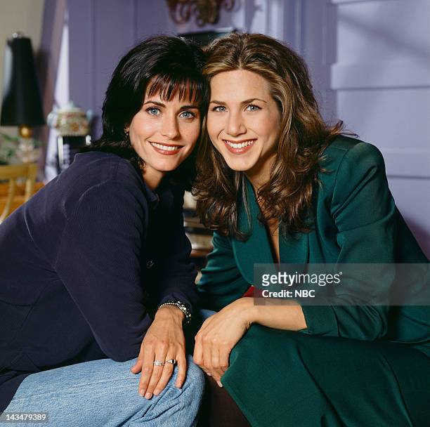 Portrait of actors, from left, Courteney Cox as 'Monica Geller' and Jennifer Aniston as 'Rachel Green' from 'Friends', June 15th 1994.