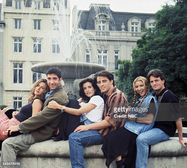 Season 1 -- Pictured: Jennifer Aniston as Rachel Green, David Schwimmer as Ross Geller, Courteney Cox as Monica Geller, Matt LeBlanc as Joey...