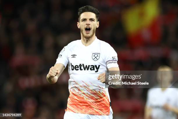 Declan Rice of West Ham United reacts prior to the Premier League match between Liverpool FC and West Ham United at Anfield on October 19, 2022 in...