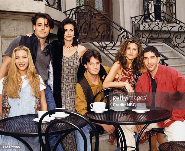 Season 1 -- Pictured: Lisa Kudrow as Phoebe Buffay, Matt LeBlanc as Joey Tribbiani, Courteney Cox as Monica Geller, Matthew Perry as Chandler Bing,...