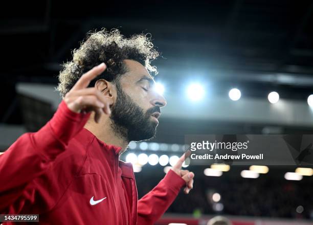 Mohamed Salah of Liverpool before the Premier League match between Liverpool FC and West Ham United at Anfield on October 19, 2022 in Liverpool,...