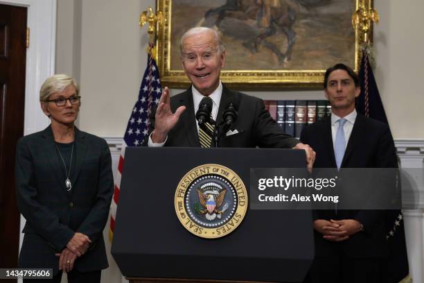 President Joe Biden delivers remarks on energy as Secretary of Energy Jennifer Granholm and Special Presidential Coordinator Amos Hochstein listen...