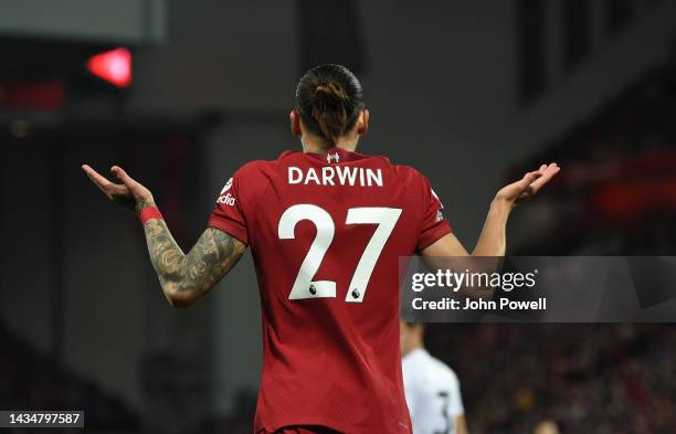 Darwin Nunez of Liverpool during the Premier League match between Liverpool FC and West Ham United at Anfield on October 19, 2022 in Liverpool,...