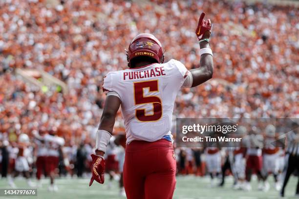 Myles Purchase of the Iowa State Cyclones reacts in the second half against the Texas Longhorns at Darrell K Royal-Texas Memorial Stadium on October...