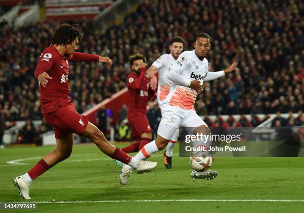 Trent Alexander-Arnold of Liverpool during the Premier League match between Liverpool FC and West Ham United at Anfield on October 19, 2022 in...