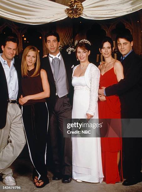 Matthew Perry as Chandler Bing, Jennifer Aniston as Rachel Green, David Schwimmer as Ross Geller, Helen Baxendale as Emily Waltham, Courteney Cox...