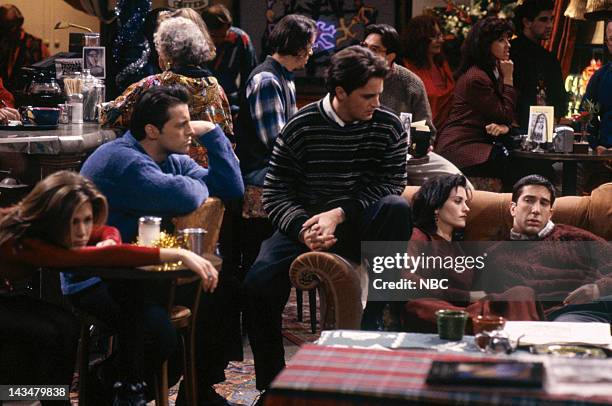 The One With the Monkey" Episode 10 -- Pictured: Jennifer Aniston as Rachel Green, Matt LeBlanc as Joey Tribbiani, Matthew Perry as Chandler Bing,...