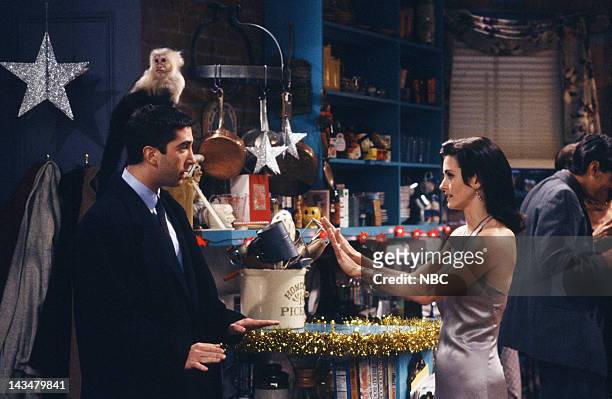 The One with the Monkey" Episode 10 -- Air Date -- Pictured: David Schwimmer as Ross Geller, Katie/Monkey as Marcel, Courteney Cox as Monica Geller