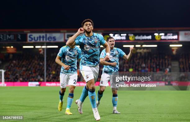 Che Adams of Southampton celebrates after putting Southampton 1-0 up during the Premier League match between AFC Bournemouth and Southampton FC at...