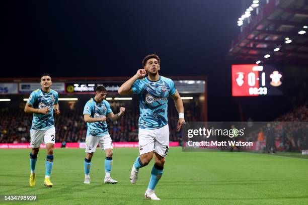 Che Adams of Southampton celebrates after putting Southampton 1-0 up during the Premier League match between AFC Bournemouth and Southampton FC at...
